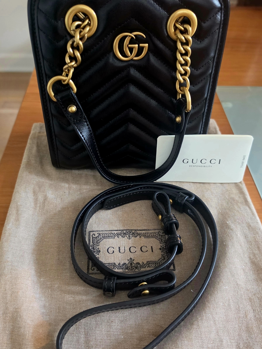 Gucci GG Marmont Mini Crossbody, Gold GG, Quilted Black Leather Chevron